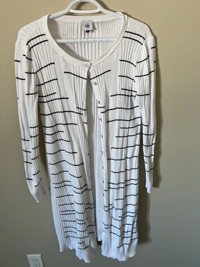 CAbi White Ribbed Long Cardigan Broken Black Horizontal Stripe Button Down #5638